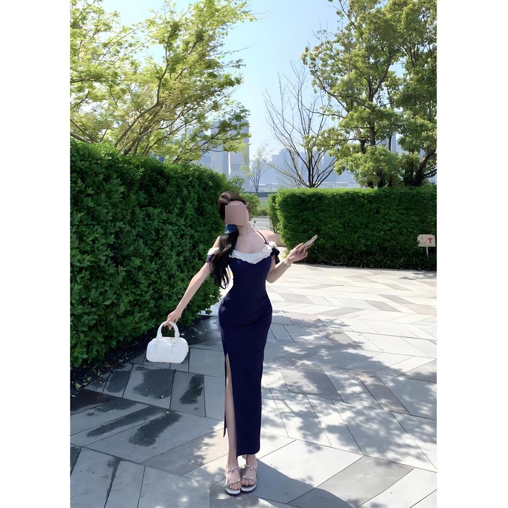 Black one-word shoulder neck dress women's summer temperament slim and thin split hip wrap long skirt