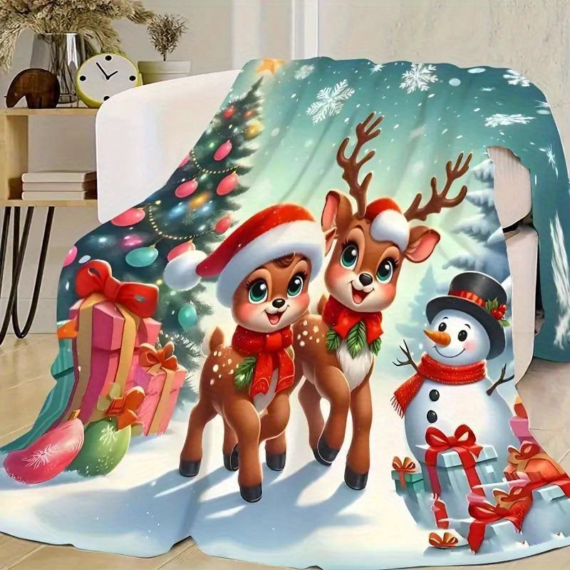 Christmas Reindeer & Snowman Flannel Throw Blanket, Soft Warm, Multi-Use for Sofa, Bed, Car, Office, Camping - Machine Washable,