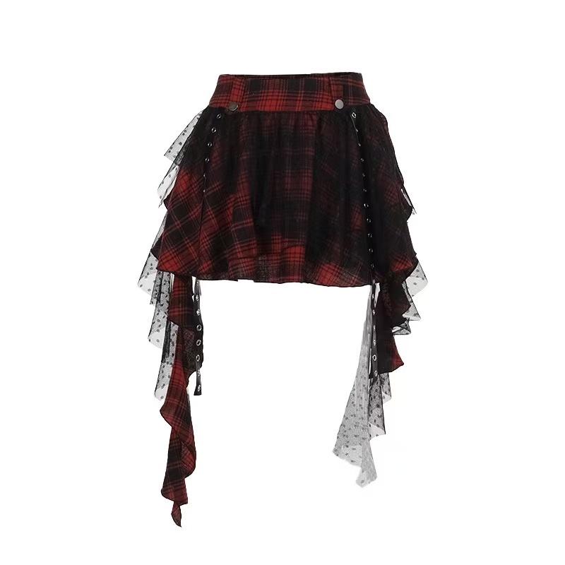 GlowGirl Kostkovaný Patchwork Nepravidelná Mini Kpop Ležérní Sukně Hot Girl Letní Všestranná Gotická Estetika Grunge Streetwear Volánková Sukně