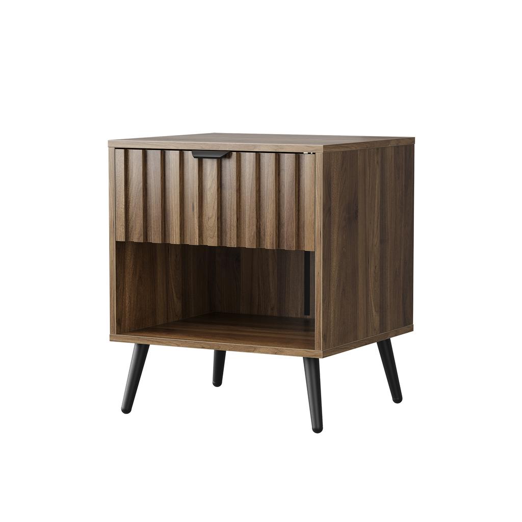 Table de chevet moderne avec tiroir intégré. Convient pour la chambre à coucher, le couloir, le salon et la chambre d'enfants. Couleur: noyer. Dimensions: 45 x 40 x 53 cm.