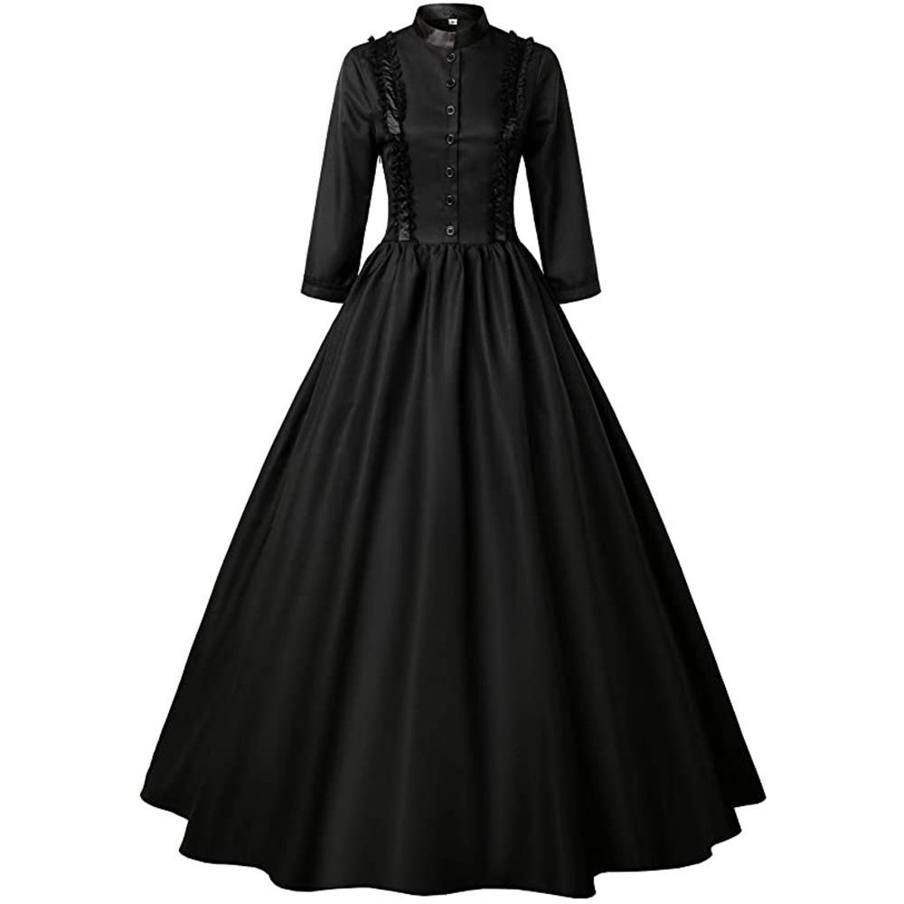 Vintage Victorian High Neck Ruffled Maxi Dress, 3/4 Sleeve A-Line Renaissance Gown for Women, Ideal for Cosplay, Halloween and Masquerade Parties