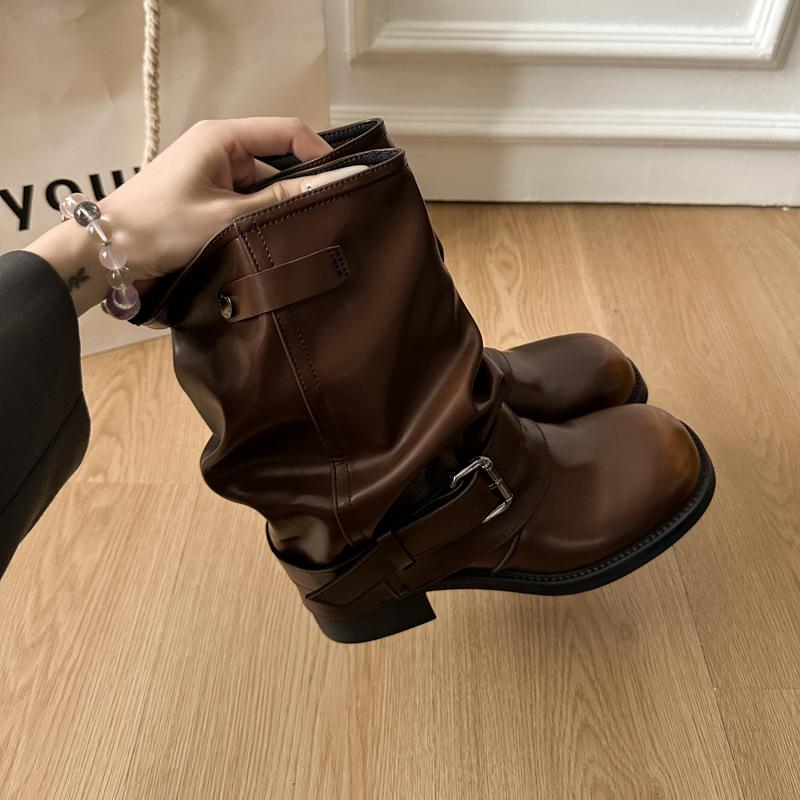 Pleated Pile Boots Women's 2025 New Autumn Retro Knight Short Boots Pant Pants Boots Western Martin Boots