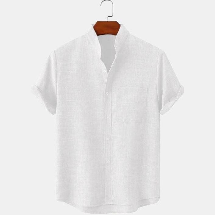 Men's Cotton and Linen Stand-up Collar Short-sleeved Solid Color Shirt Casual Cardigan Men's Shirt