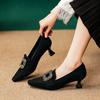Black High Heels Thin Heel 2025 New Autumn and Winter Rhinestone Square Buckle French Square Head Single Shoes British Style Medium Heel Women's Shoes