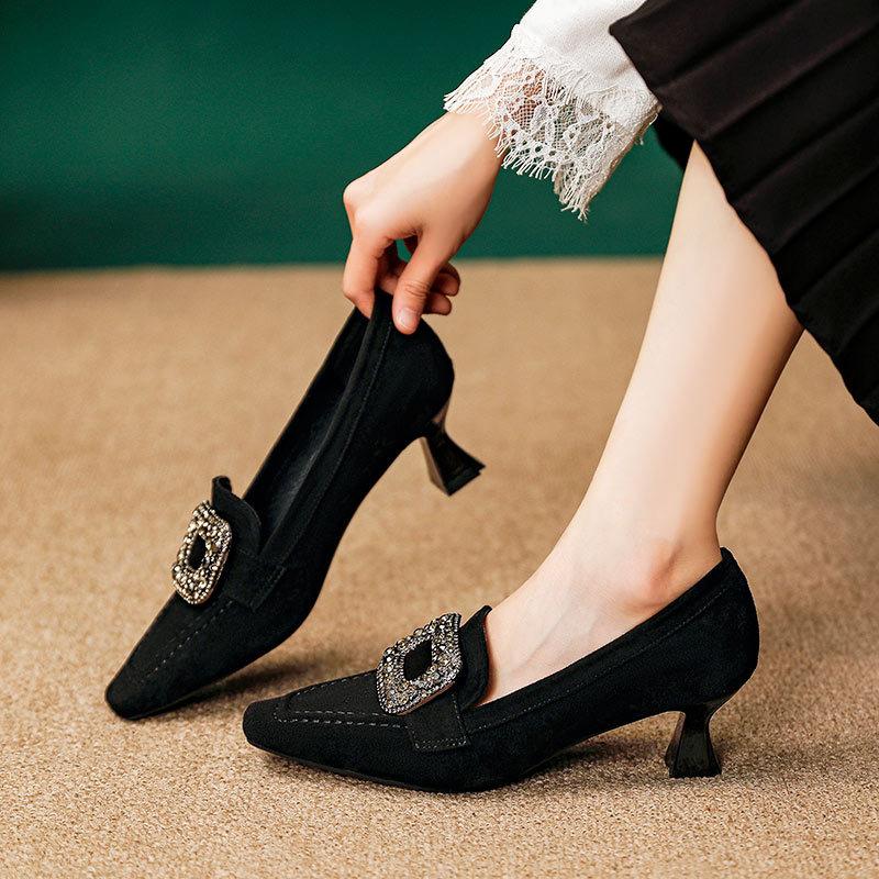 Black High Heels Thin Heel 2025 New Autumn and Winter Rhinestone Square Buckle French Square Head Single Shoes British Style Medium Heel Women's Shoes