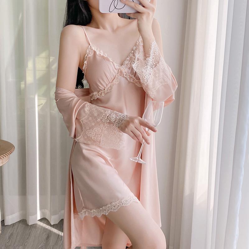 Ice and snow silk women's summer nightgown suspender spring and autumn nightgown simulation silk pajamas two-piece set live broadcast