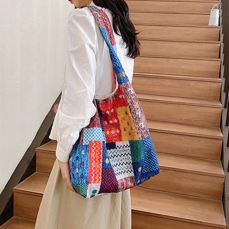 Aesthetic Canvas Toted Bag Reusable Shoulder Toted Bag for Women Casual Vacation,Shopping,Work,Gym Ethnic Style Cloth Bag