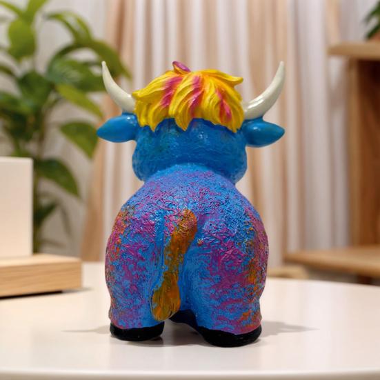 Yousheng Highland Cow Figurine Resin Multicolor Cow Miniature Ornament Hand-painted Highland Cattle Statue for Farmhouse Home Office Desktop Decor