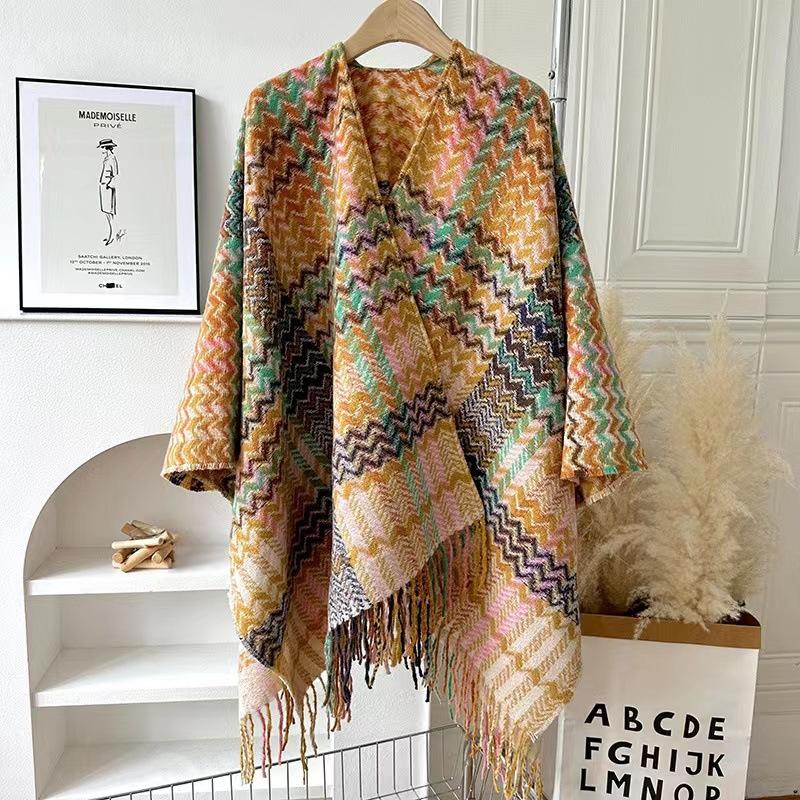 Ethnic Style Wavy Pattern Sleeved Knitted Shawl for Women in Autumn and Winter Thickened and Warm