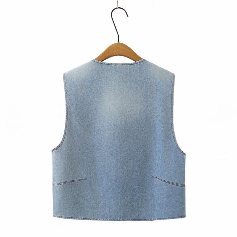 Plus Size Women's V-Neck Denim Vest - Spring/Summer 2026 Slimming Tank for 200 Jin
