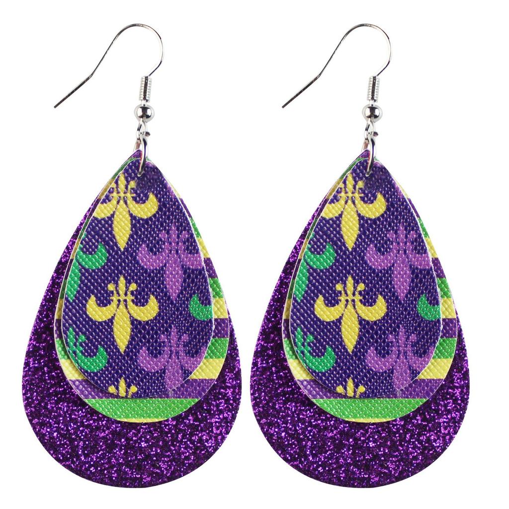 Carnival Three-Layer Leather Earrings, Cross Pattern Single-Sided Printing Scallion Powder Fine Powder Water Droplets Leaves