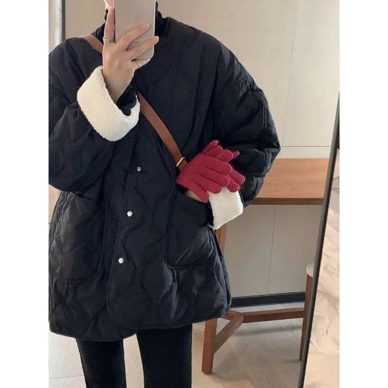 Collarless Lamb Wool Splicing Lightweight Diamond Grid Winter Korean Version Loose Small Fragrant Warm Cotton Clothes Cotton Clothes for Women