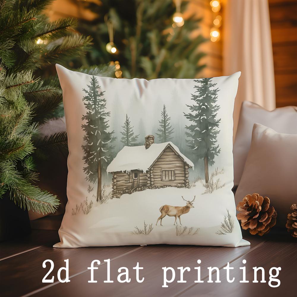 

Домашний декор Зимние сцены: Олень, Хижина и Сани Наволочки с узором Чехол для подушки Подходит для дивана Спальни Автомобиля Наволочка 16x16Inch
