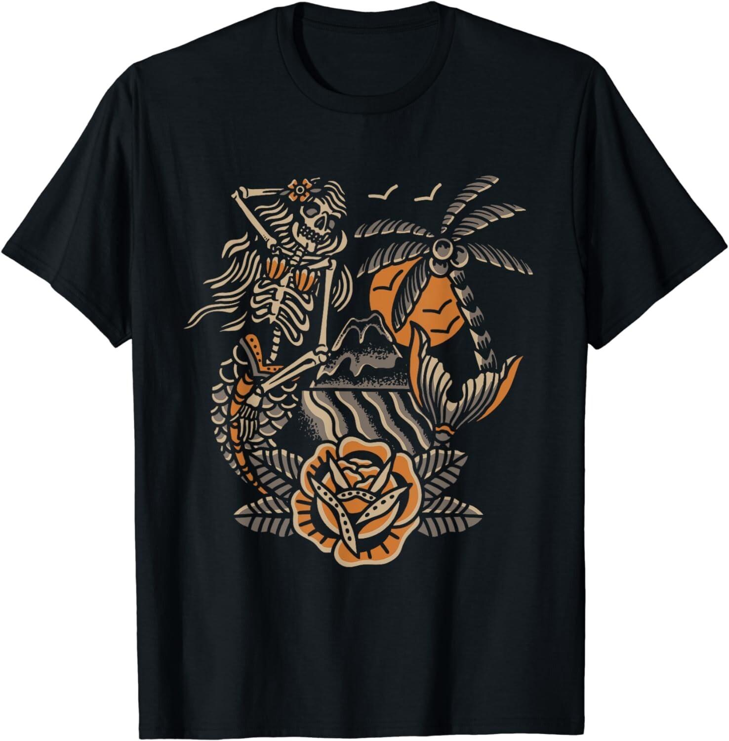 

Mermaid Skeleton Traditional Tattoo Old School Tattoo Flash Gift Unisex T-Shirt 5XL різнокольоровий