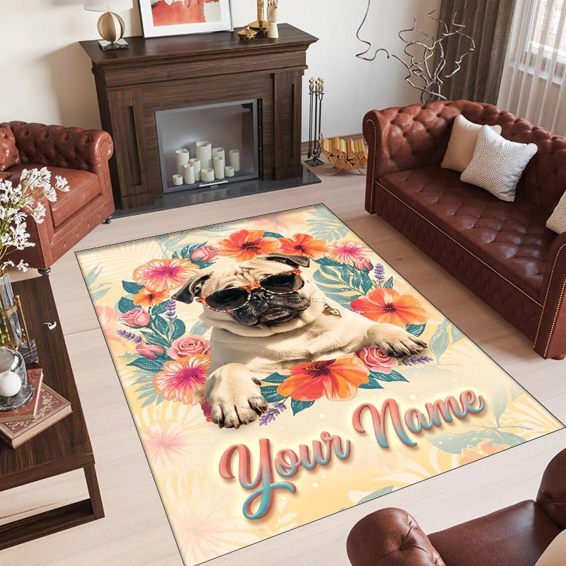 Pug Theme Crystal Velvet Floor Rug Personalized Custom Name Text Warm Carpet Home Decoration