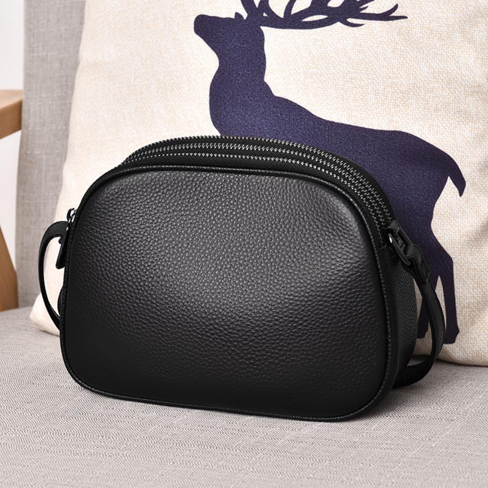 100% Genuine Cowhide Leather Female Small Messenger Bag 3 Layers Zipper Pockets Quality Women Solid Color Luxury Shoulder Bag