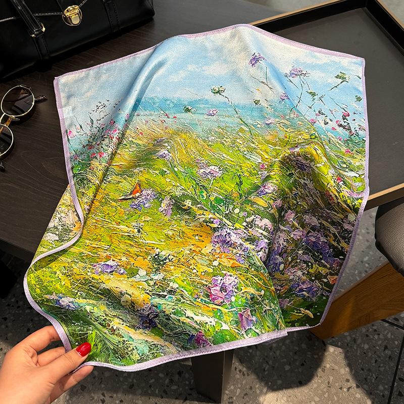 Chinese fashion high-end oil painting wind printing silk square scarf spring and summer women's travel photography 111% mulberry silk silk scarf