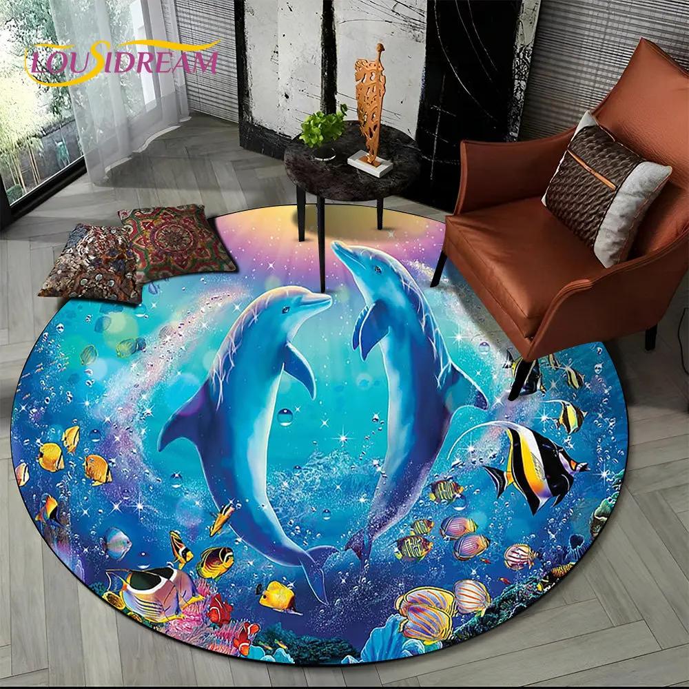 3D Seabed Underwater World Dolphin Turtle Round Area Rug,Carpet for Living Room Bedroom Sofa Playroom Decor,Non-slip Floor Mat