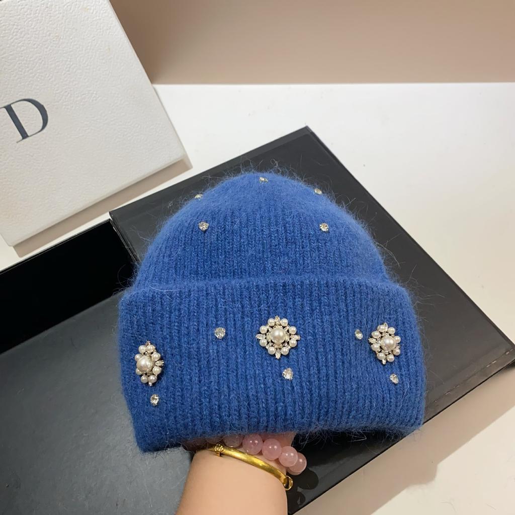 Palace Rhinestone Rabbit Fur Knitted Hat Princess Sweet Celebrity Xiaoxiangfeng Warm Ear Protection Wool Hat