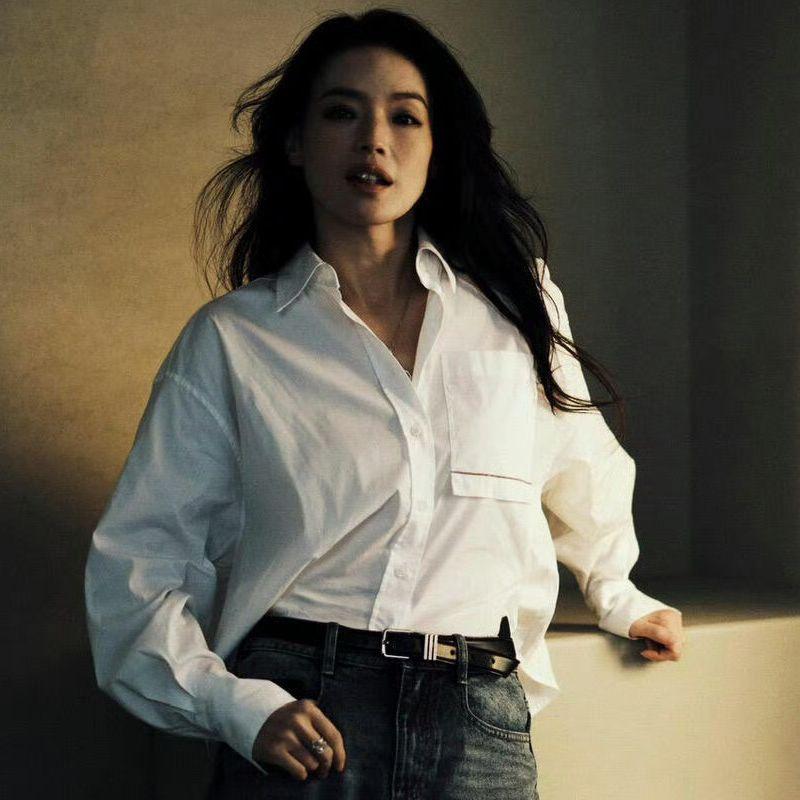 

Fall 2025 New Arrival Shu Qi Same Design Cotton Pocket Loose Tops White Shirt Loose Shirt for Women White L