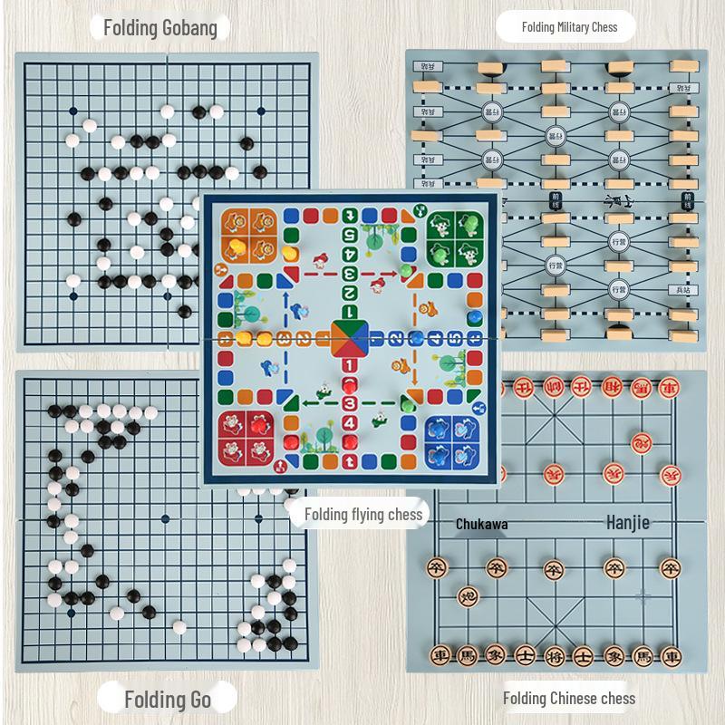 Five-in-a-Row Folding Educational Board Game for Kids: Tabletop Chess, Checkers, Flying Chess, and Go.