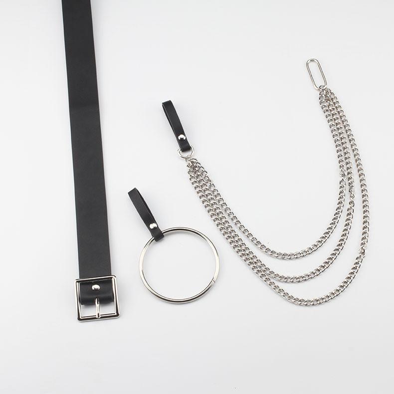 Fashionable Black Waist Belt With Circular Ring And Chain Tassel For Men And Women Fashion Accessory