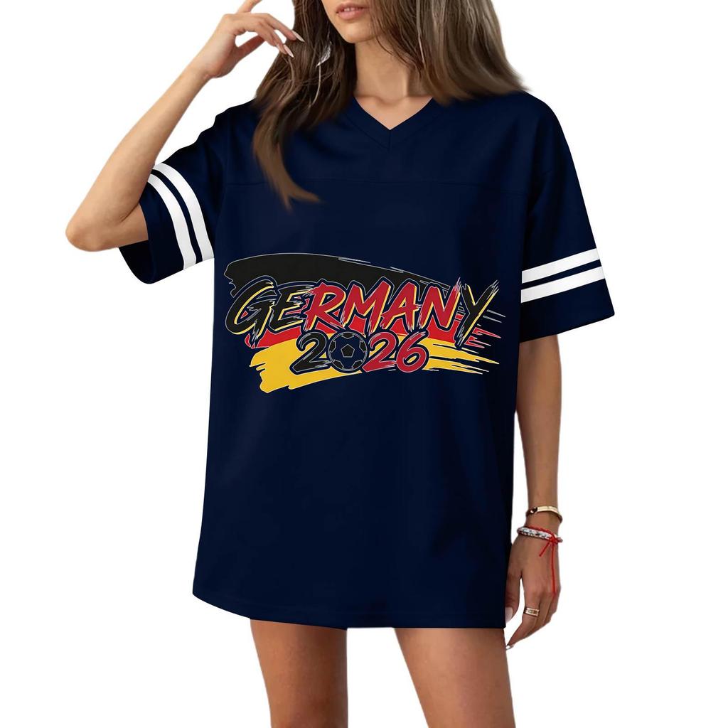 Women’s Casual V Neck Soccer Jersey Style Short Sleeve T Shirt with Germany Flag Print and 2026 Football Graphic Top