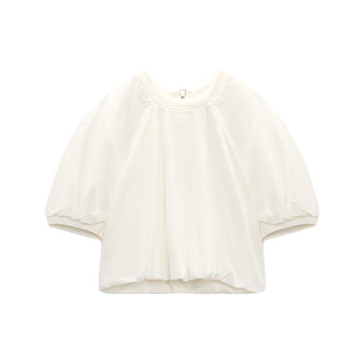 

Zara Color Block Ribbed Puff Sleeve Shirt Women tops White 04437115712-34 L