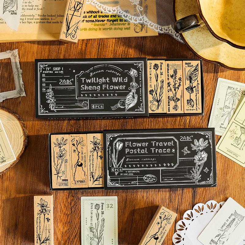 6pcs Botanical Wood Stamps Set, Floral Imprint Journal Seals, English Letter DIY Crafts