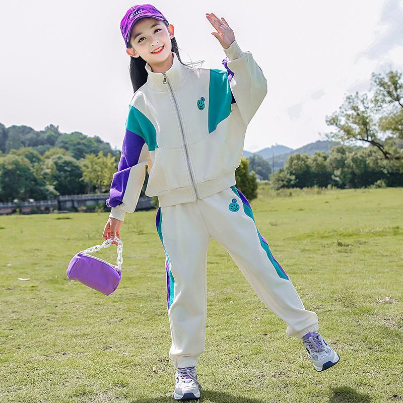 Completo abbigliamento per adolescenti Ragazze Primavera Autunno Patchwork Manica Lunga Zip Cappotto+Pantaloni Tuta 2 Pezzi per Bambini 5-14Y Abbigliamento Sportivo