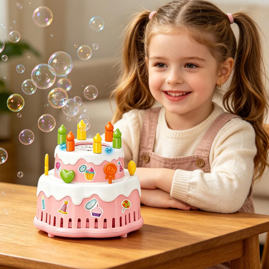 Electric Bubble Machine Cake Shape Toy for Kids Birthday Party with Light Music and Automatic Bubble Blowing Function Includes 70ml Bubble Solution