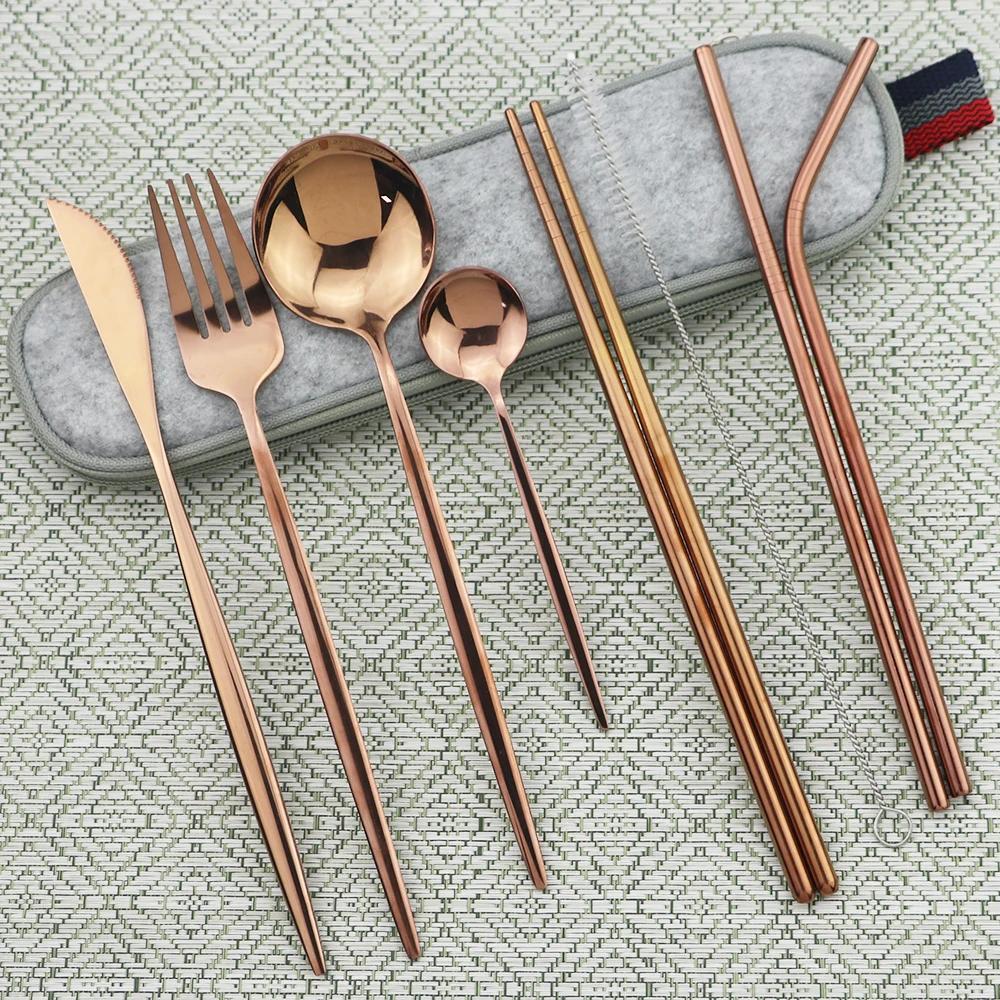 9pcs/Set Travel Cutlery Set Portable Gold Dinnerware Set Stainless Steel Tableware Set With Metal Straw Brush Chopsticks Bag