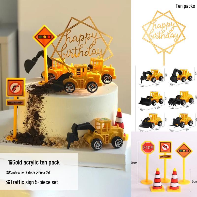 Construction Vehicle Cake Toppers: Excavator, Bulldozer, Roadblock Inserts, Figurines for Boys' Birthday