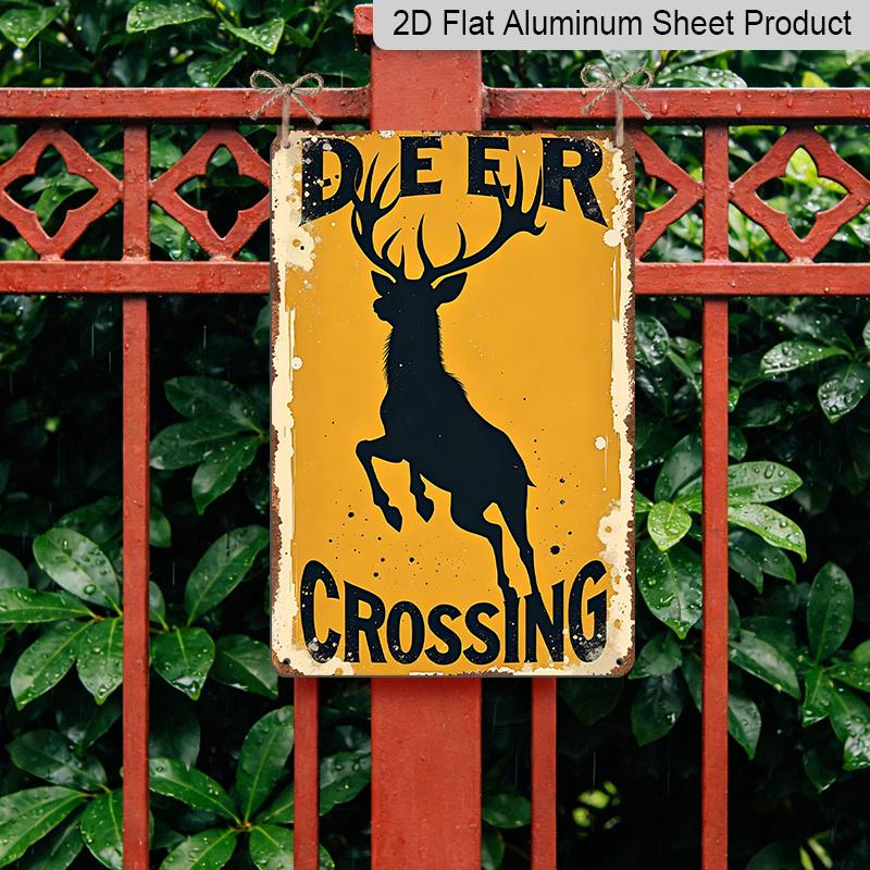 2D Flat, 1pc Vintage Deer Crossing Warning Sign Wall Art - Aluminum Metal Plaque with Rustic Yellow & Black Design, 8x12 Inch Indoor/Outdoor