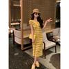 2026 Summer New Korean Striped Contrasting Shawl Crew Neck Short Sleeve Temperament Elegant Dress Women's Medium and Long Dress Tide