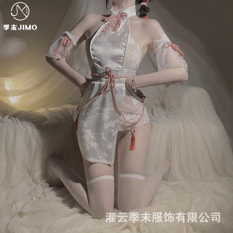 Sex underwear sexy pure desire hollow cheongsam stand-up collar drawstring hip wrap pure desire antique lace hanfu suit