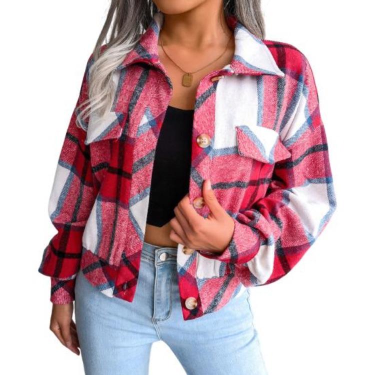 Women Loose Jacket Contrast Color Plaid Print Turn Down Collar Single Breasted Fake Pocket Long Sleeves Fall Spring Commuting