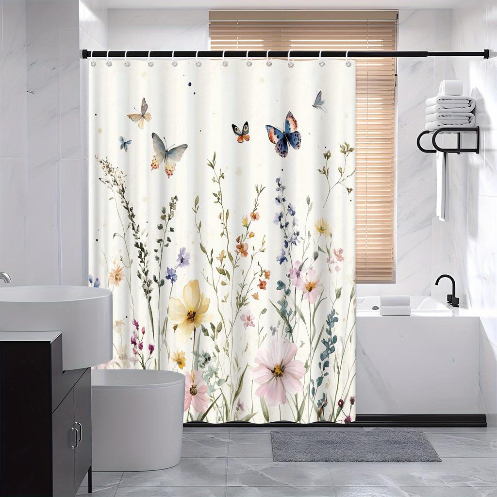 Floral Meadow Shower Curtain with Butterflies - Watercolor Polyester, 70.8x70.8In,  Fashion Bath Decor, Includes 12 Hooks
