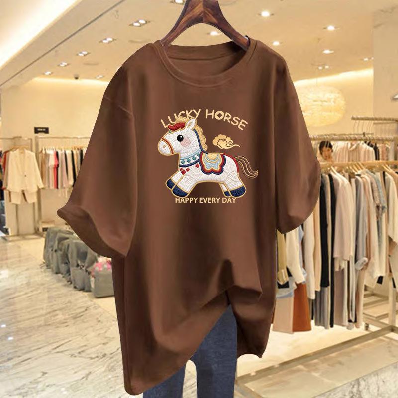 2026 Year of the Horse Red Pure Cotton Women's Loose Fit Short Sleeve T-shirt