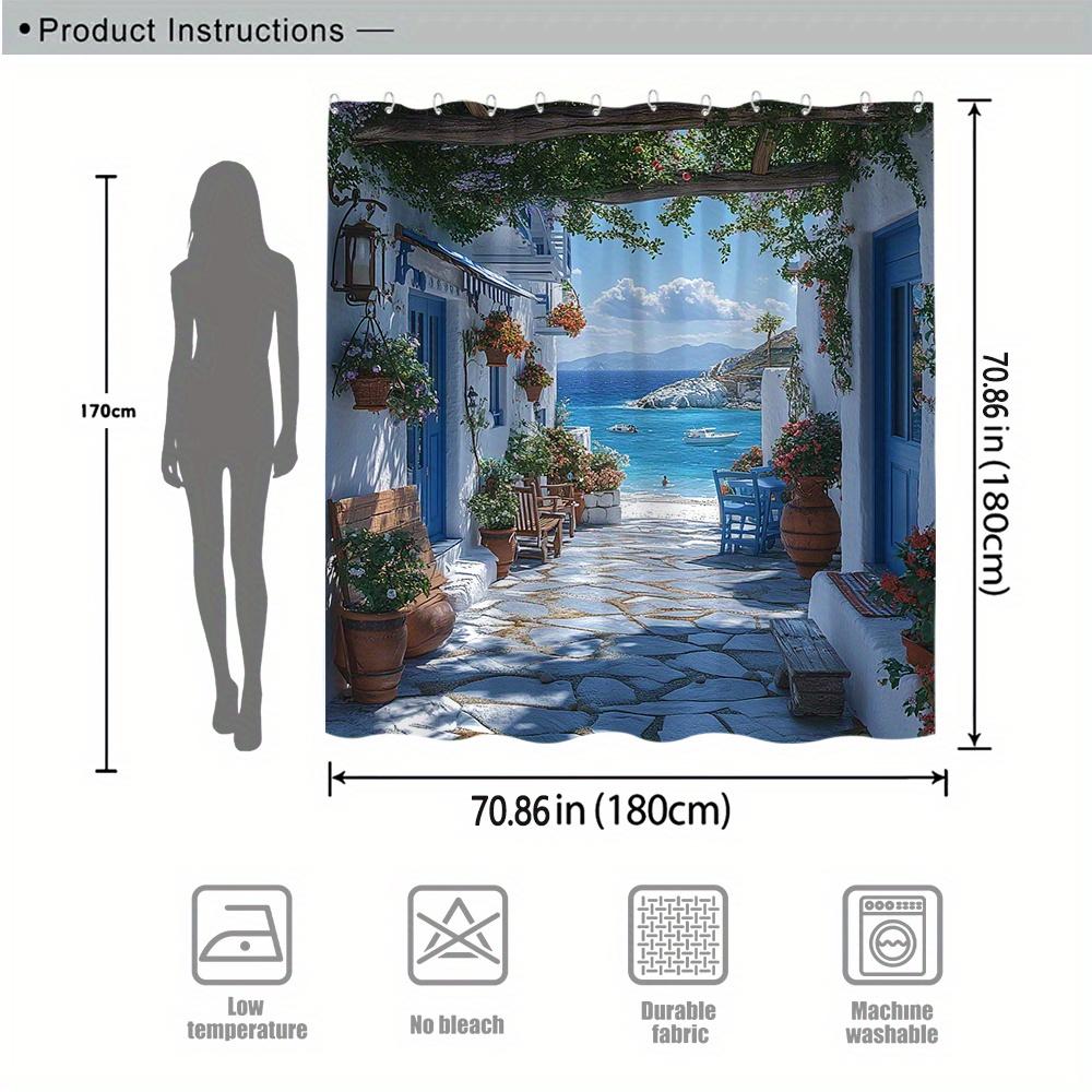 Greek Alley Shower Curtain Whitewashed Walls Terracotta Pots Flowers Polyester Machine Washable With 12 Hooks For Bathroom Decor