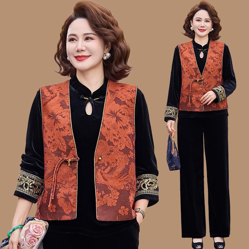 

Elegant Chinese-Inspired Spring Vest Suit: 2026 New Style Three-Piece Set for Middle-Aged Women. 5XL 150-160 lbs оранжевый