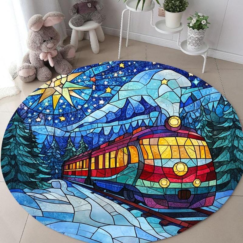 Colorful Mosaic Design Train Pattern Round Carpet Steam Train Fantasy Starry Sky Floor Decor Rug Absorbent and Non-slip Mat