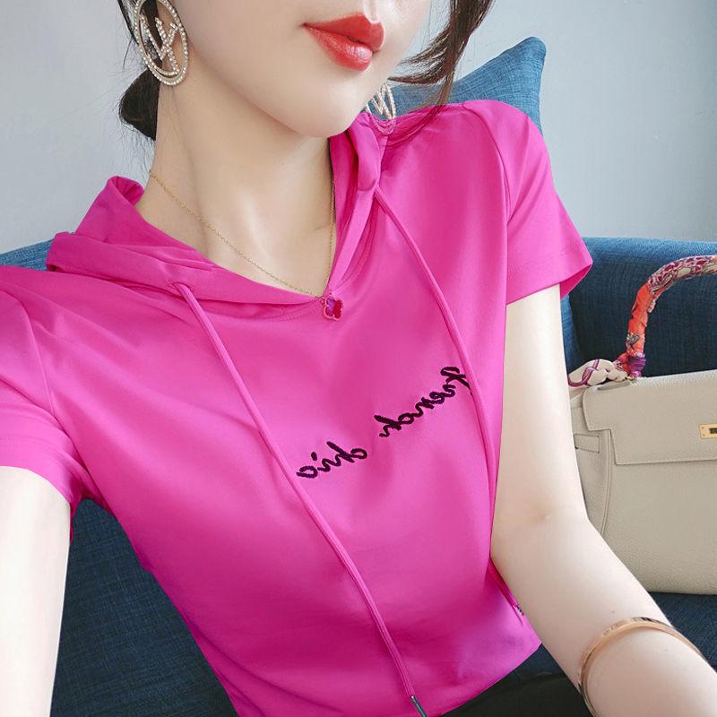 Women's Hooded Short Sleeve T-Shirt Loose Fit Casual Pullover Letter Print Summer Fashion Top