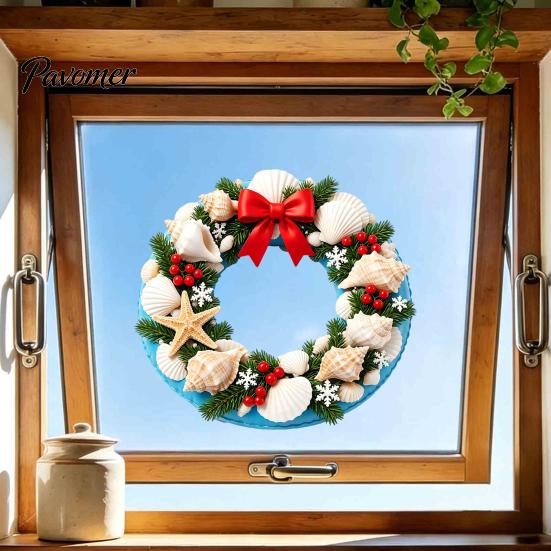 Waterproof Glass Window Film Ocean Style Christmas Wreath Stickers, PVC Static Decals with Sunproof Stickers Conch And Shell Elements, Seaside Clings