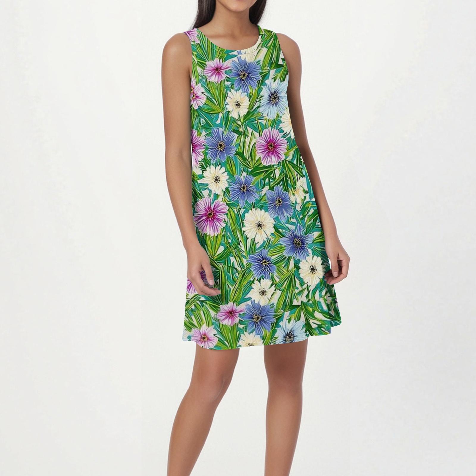 Women s Fashion Beach Dress Sleeveless Round Neck Floral Print Dress L