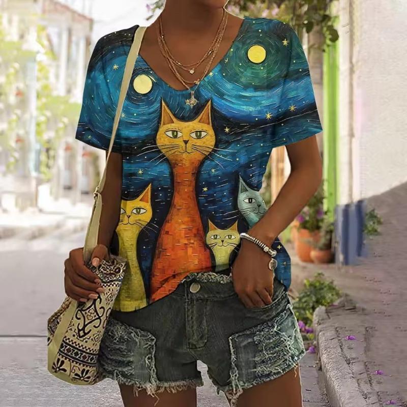 Sommer Damen T-Shirt Wut Katze Print Lässige Kurzarm 3D T-Shirts Streetwear Rundhals Pullover Übergroße weibliche Kleidung