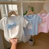 Girls' Casual Lace Short-sleeved T-shirt For Summer, Cute Cat Print Children's Top