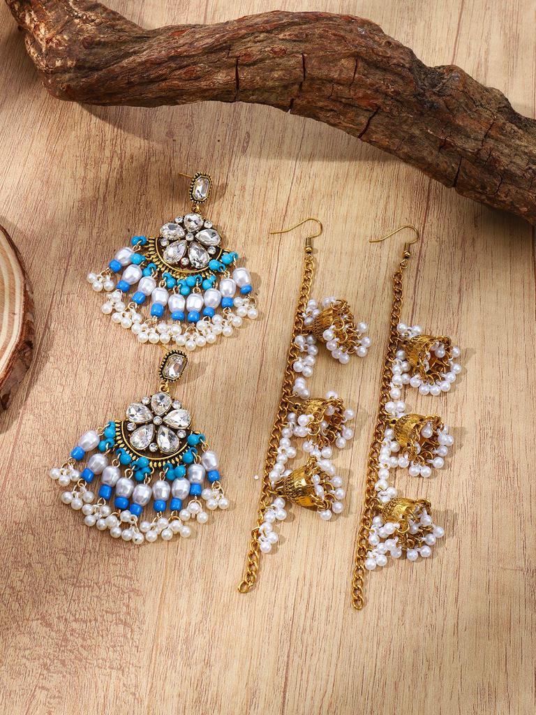 Bohemian Water Drop Flower Earrings: Geometric Pearl & Tassel Ethnic Style for Women.