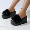 Fashion Aphixta Platform Real Rabbit Fur Slippers Women Black Wedge Slides 9CM High Heels Women Shoes Wedge Slippers Retro Slides Shoes