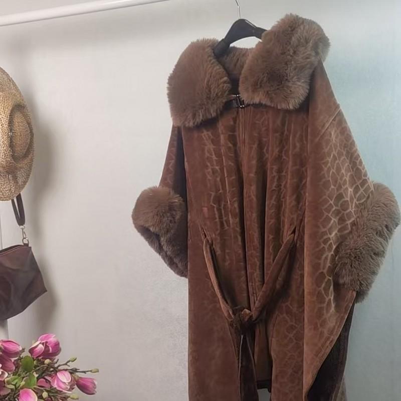 Womens Oversized Knit Cape Coat With Rabbit Fur Trim Collar Warm Fall Winter Outerwear Elegant Loose Fit
